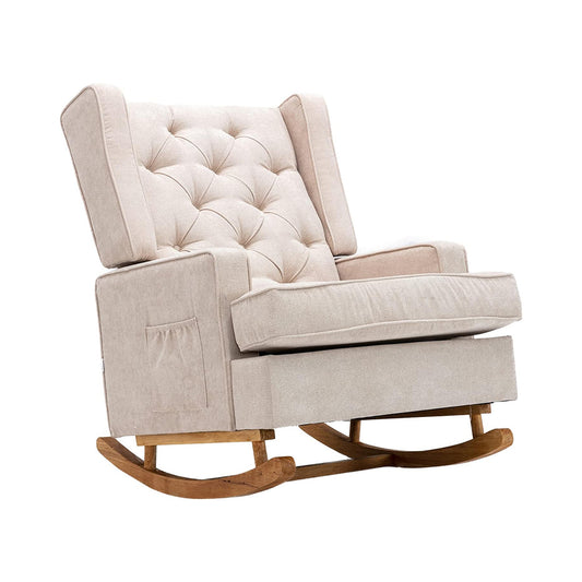 Dolonm Nursery Rocking Chair Upholstered Mid Century Modern Rocker Oversized Wingback Armchair for Living Room with Solid Wood Base (Beige) chinaatoday