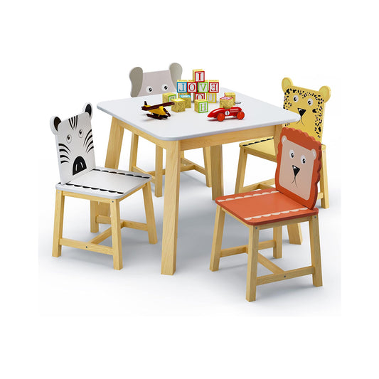 Kids Table with 4 Chairs Set, 5 Pieces Cartoon Animals Toddler Table and Chairs Set, Wooden Children Furniture Set for Playroom Kindergarten, Gift for Ages 2+ chinaatoday