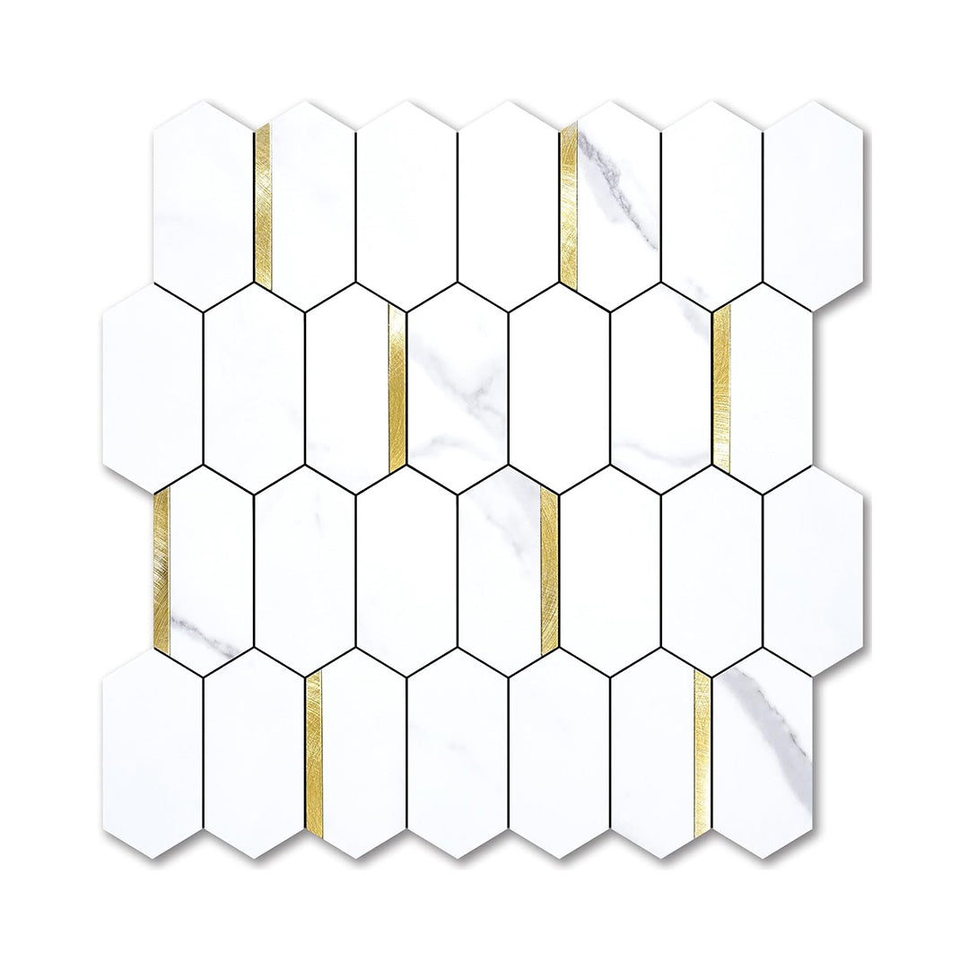 Vamos Tile Long Hexagon Peel and Stick Backsplash Tile - 10 Sheets Stick on Backsplash for Kitchen and Bathroom 12.4 x 12 Inch White Marble Look PVC Mixed Metal Gold Self Adhesive Mosaic Wall Tiles chinaatoday