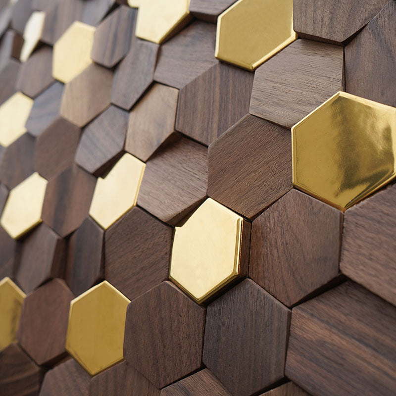 New Chinese hexagonal hexagonal black walnut tea room log solid wood mosaic TV background wall decoration interior wall - BEJUSTSIMPLE