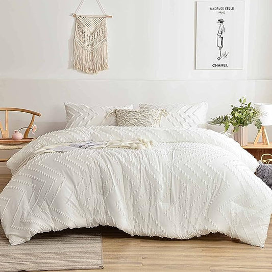 Queen Comforter Set White Tufted Jacquard Boho Soft Shabby Chic Reversible down Alternative Microfiber Bedding - All Season Duvet and 2 Pillowcases Farmhouse Bed Sets Women Men Size 88 X 90 3Pc