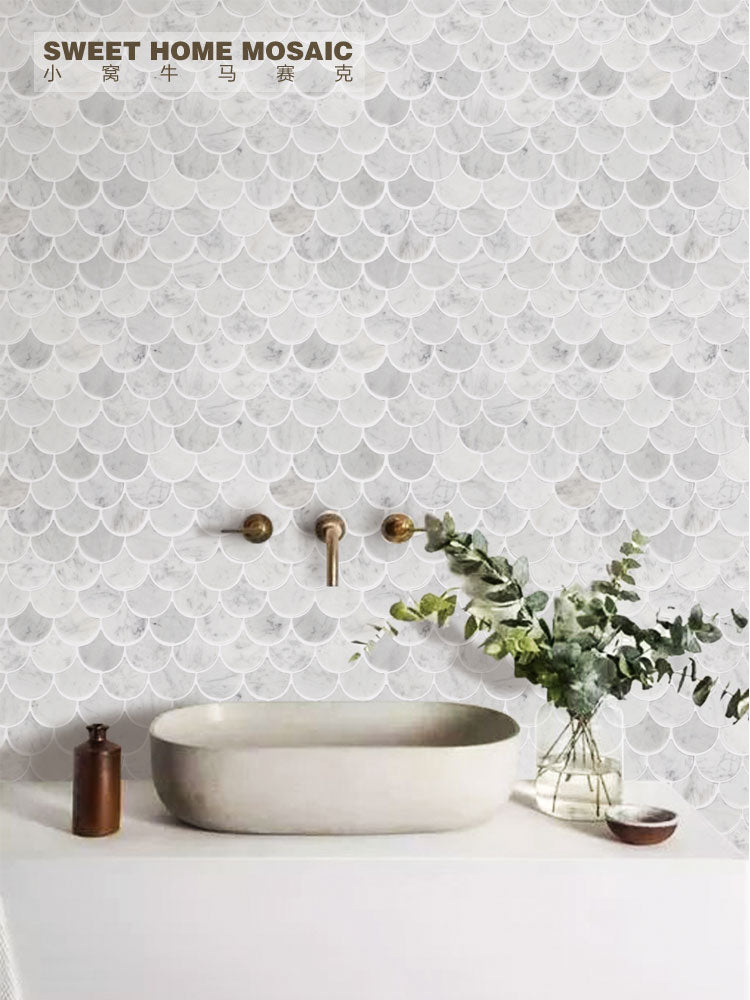 Fan-shaped mosaic background wall Nordic shell fish scale marble kitchen bathroom bathroom floor non-slip tiles - BEJUSTSIMPLE