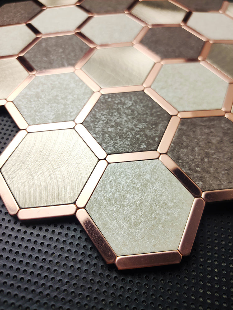 Rose Gold Hexagonal Wall Sticker Mosaic Decorative Background Wall Self-adhesive Art Tile Metal Stainless Steel Background Brick - BEJUSTSIMPLE