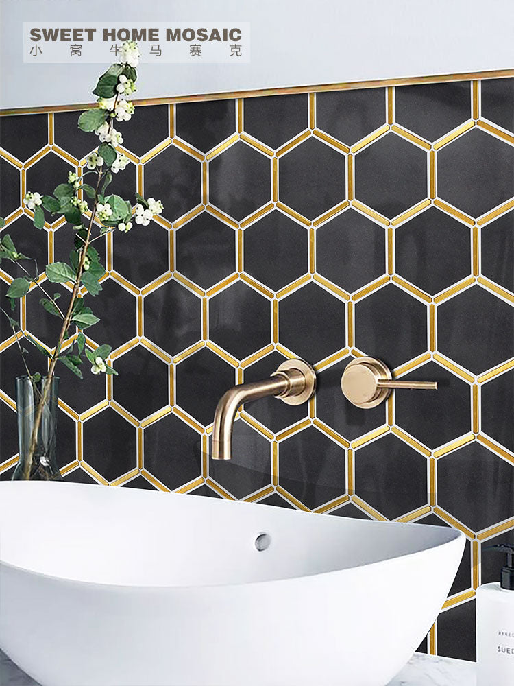 Hexagon Thassos White With Gold Aluminum Mosaic Tile Light luxury style - BEJUSTSIMPLE