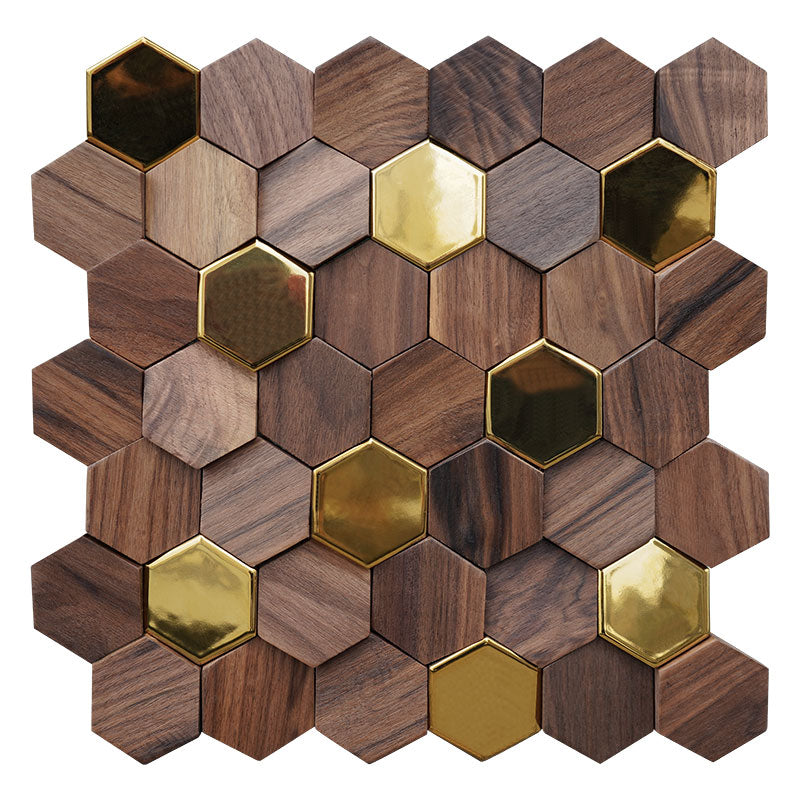 New Chinese hexagonal hexagonal black walnut tea room log solid wood mosaic TV background wall decoration interior wall - BEJUSTSIMPLE