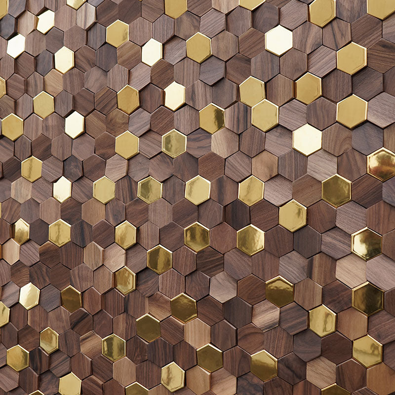 New Chinese hexagonal hexagonal black walnut tea room log solid wood mosaic TV background wall decoration interior wall - BEJUSTSIMPLE